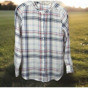 Violet Claire Top Long Sleeve Button Up Blouse White Red Blue Plaid Small Career